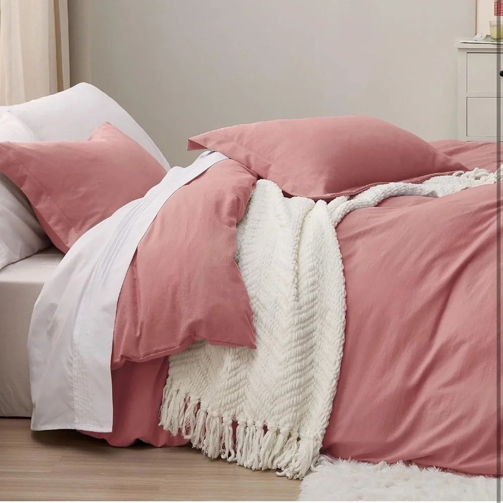 Pink Clay Duvet Cover Queen Size - 3 Pieces Prewashed Extra Soft Bedding Set
